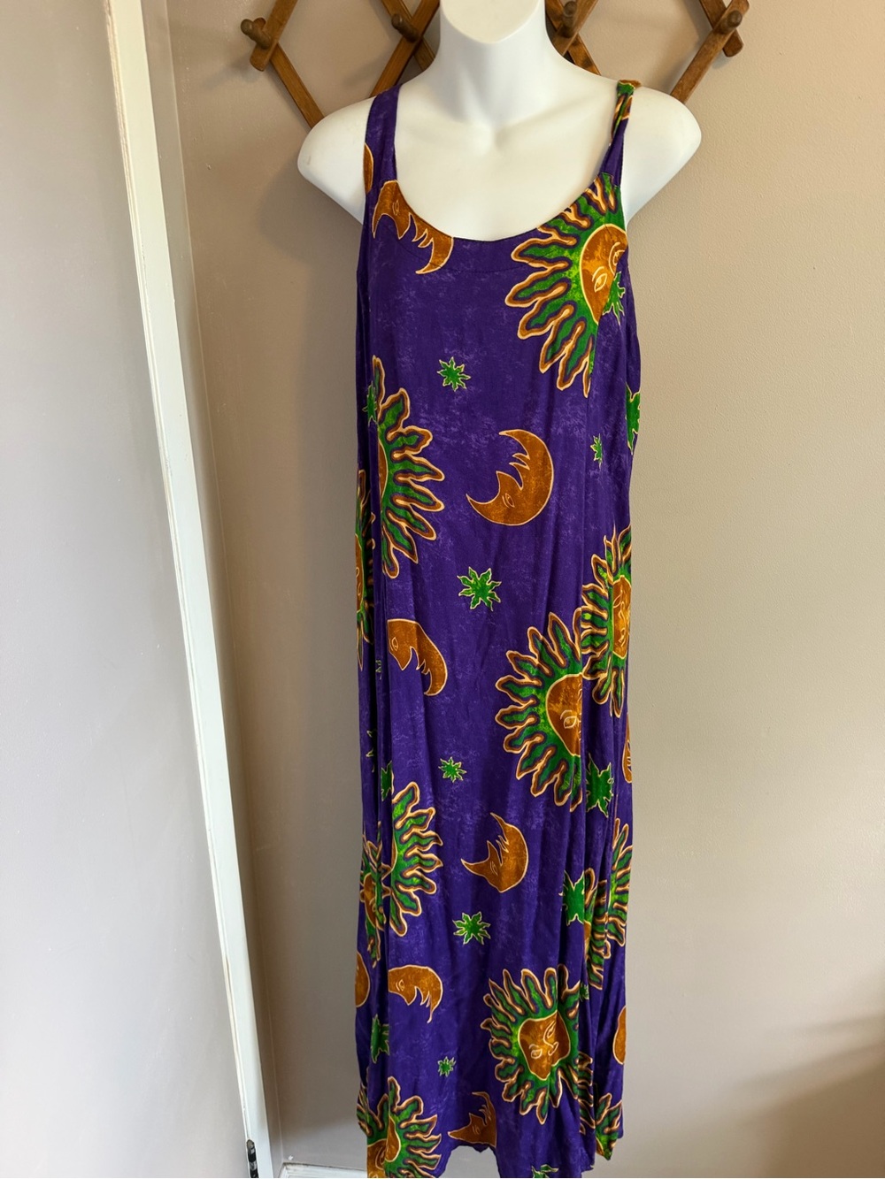 Vintage 90s Celestial Sun Moon Star Purple Rayon Tie Back Maxi Dress One Size